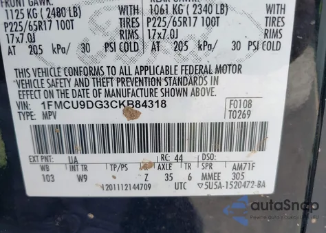 2012 Ford Escape Xlt z USA, uszkodzony, nr VIN 1FMCU9DG3CKB84318